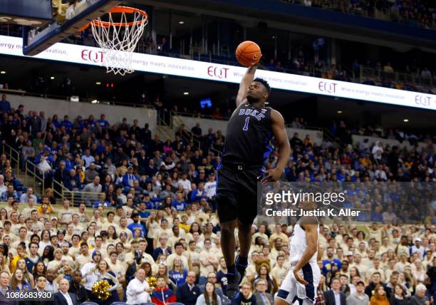 Zion Williamson of the Duke Blue Devils dunks against against the Pittsburgh Panthers at Petersen Events Center on January 22, 2019 in Pittsburgh,...