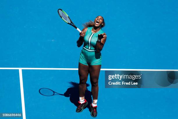 Serena Williams of the United States reacts her quarter final match against Karolina Pliskova of Czech Republic during day 10 of the 2019 Australian...