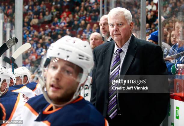 Head coach Ken Hitchcock of the Edmonton Oilers looks on from the bench during their NHL game against the Vancouver Canucks at Rogers Arena December...