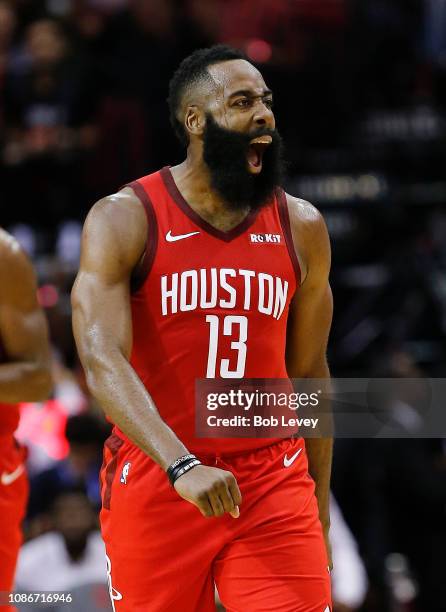 James Harden of the Houston Rockets reacts after making a three point basket during the fourth quarter against the Oklahoma City Thunder at Toyota...