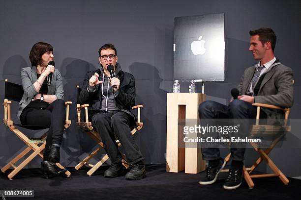Vocalist Carrie Brownstein, actor Fred Armisen and Radio journalist Ari Shapiro visit the Apple Store Soho on January 31, 2011 in New York City.