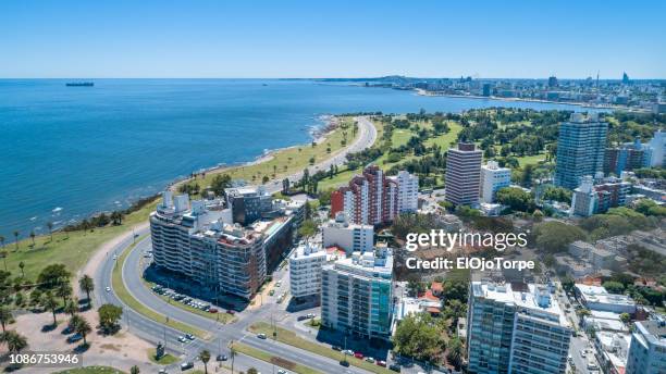 high angle view of montevideo's coastline, drone point of view, punta carretas neighbourhood, uruguay - montevideo photos et images de collection