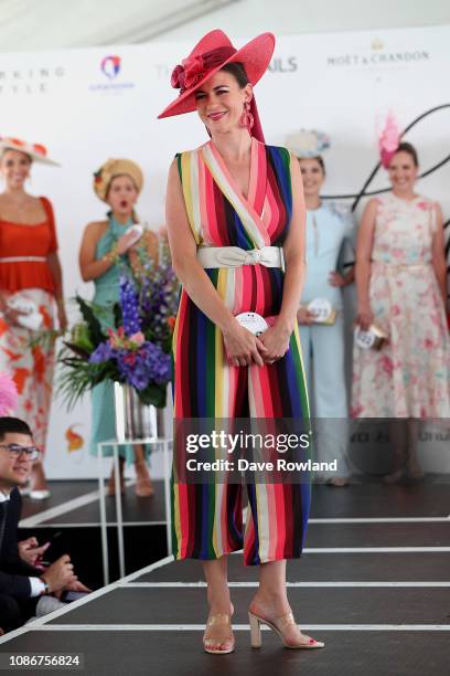 Belinda Green wins the Millinery Award in Fashion in the Fields during the Boxing Day Races at Ellerslie Racecourse on December 26, 2018 in Auckland,...