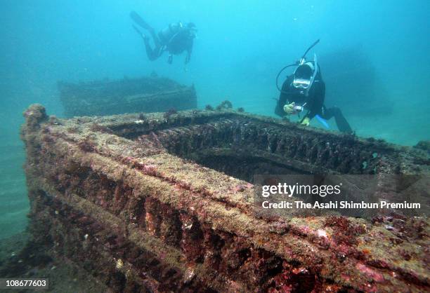 Algal reefs are placed on the sea bed to revive damaged kelp coast on November 19, 2009 in Owase, Mie, Japan.