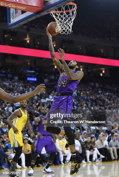 Brandon Ingram of the Los Angeles Lakers goes in for a layup against the Golden State Warriors during the first half of their NBA Basketball game at...