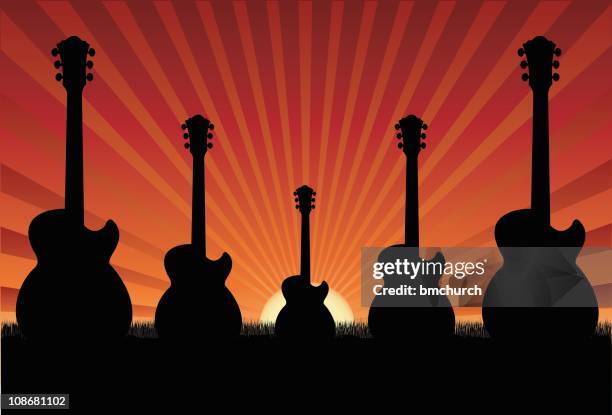 sunset on guitar field - country and western music stock illustrations