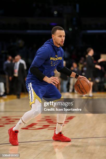 Golden State Warriors guard Stephen Curry warms up before the Golden State Warriors game versus the Los Angeles Lakers on January 22 at the Staples...