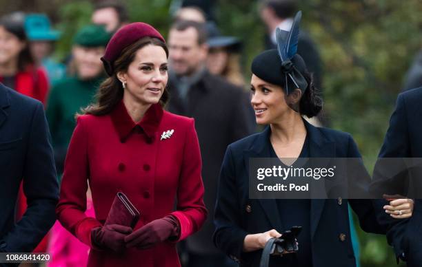 Catherine, Duchess of Cambridge and Meghan, Duchess of Sussex attend Christmas Day Church service at Church of St Mary Magdalene on the Sandringham...