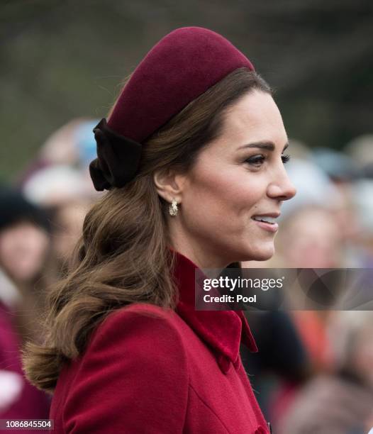 Catherine, Duchess of Cambridge attends Christmas Day Church service at Church of St Mary Magdalene on the Sandringham estate on December 25, 2018 in...