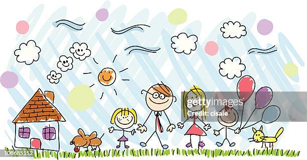 stockillustraties, clipart, cartoons en iconen met handmade cartoon family drawing illustration - familie met meerdere generaties