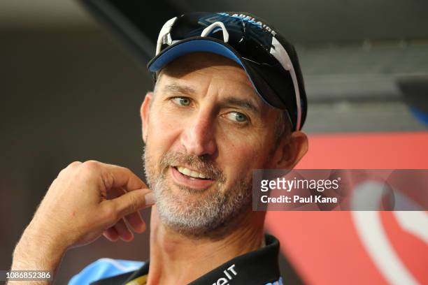 Jason Gillespie, coach of the Strikers looks on from the dug out during the Big Bash League match between the Perth Scorchers and the Adelaide...