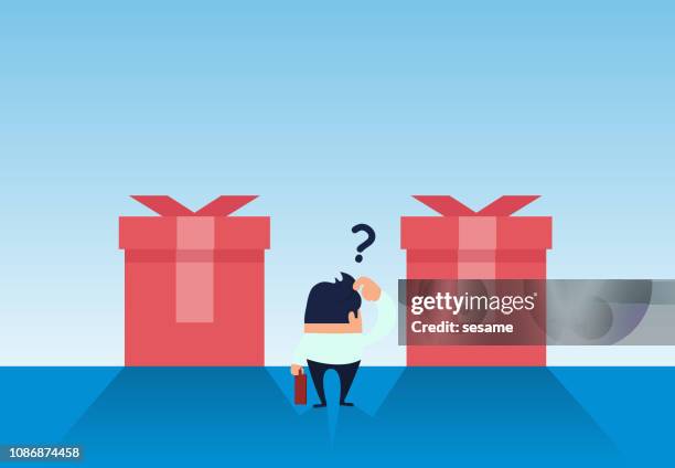 businessman chooses one of two gift boxes - two objects stock illustrations