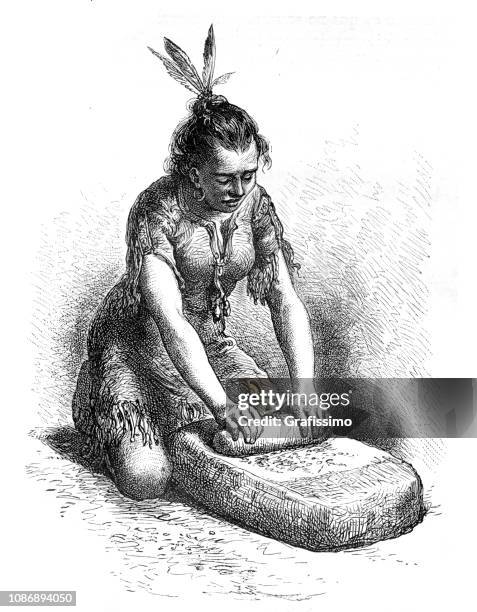 native north american woman of tribe ute milling corn1874 - grind stock illustrations