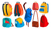 School Backpack Set Vector. Education Object. Kids Equipment. Colorful Schoolbag. Isolated Cartoon Illustration