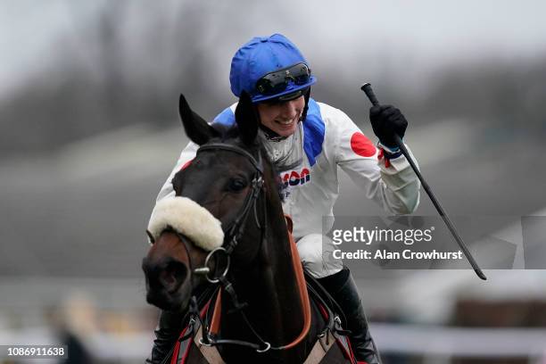 Harry Cobden riding Clan des Obeaux win The 32Red King George VI Chase at Kempton Park on December 26, 2018 in Sunbury, England.
