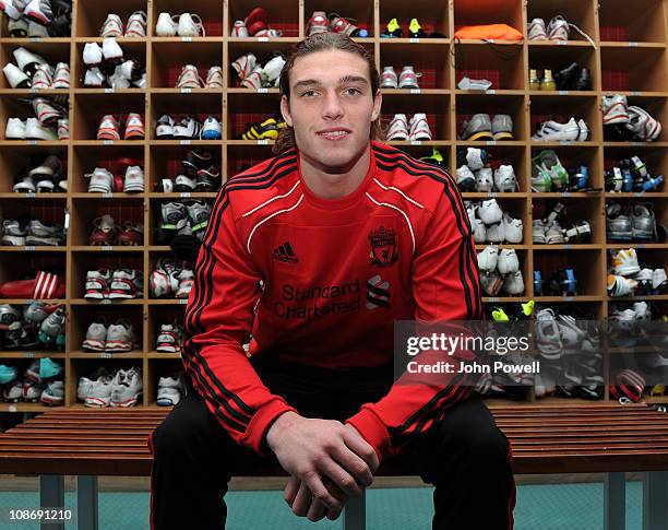 Andy Carroll of Liverpool poses for a portrait in the boot room at Melwood training ground on February 1, 2011 in Liverpool, England.