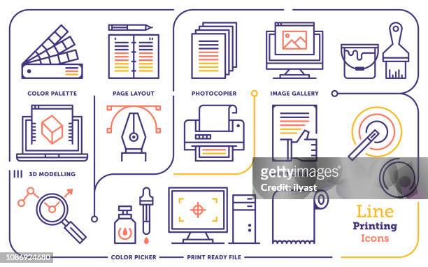 illustrazioni stock, clip art, cartoni animati e icone di tendenza di set di icone della linea vettoriale di servizi di progettazione digitale - digital printing