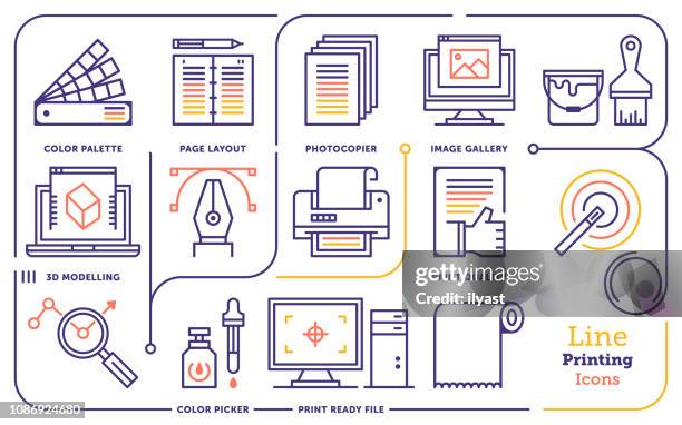 ilustrações, clipart, desenhos animados e ícones de design digital serviços linha icon set vector - impressora fábrica