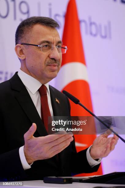 Turkish Vice President Fuat Oktay makes a speech during Turkey-Malta Business Council Meeting in Istanbul, Turkey on January 23, 2019.