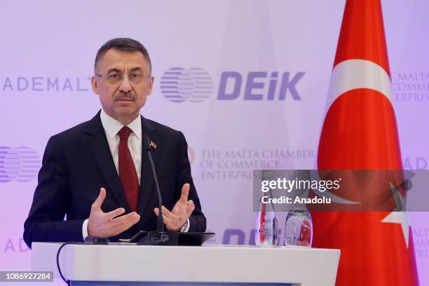 Turkish Vice President Fuat Oktay makes a speech during Turkey-Malta Business Council Meeting in Istanbul, Turkey on January 23, 2019.