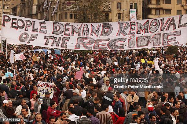 Protestors gather in Tahrir Square on February 1, 2011 in Cairo, Egypt. Protests in Egypt continued with the largest gathering yet, with many tens of...