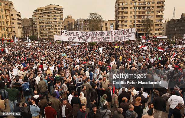 Protestors gather in Tahrir Square on February 1, 2011 in Cairo, Egypt. Protests in Egypt continued with the largest gathering yet, with many tens of...