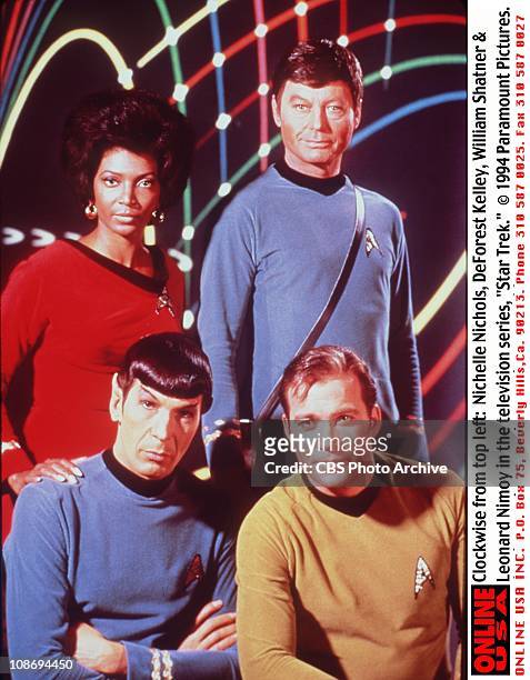 Clockwise from top left: Nichelle Nichols, DeForest Kelley, William Shatner & Leonard Nimoy in the television series 'Star Trek', circa 1969.