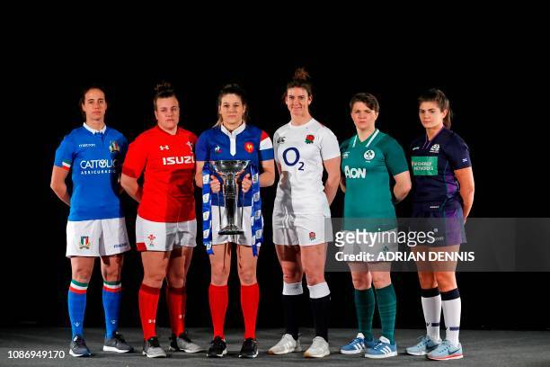 Six nations women's international rugby captains Italy's Manuela Furlan, Wales' Carys Phillips, France's Gaelle Hermet, England's Sarah Hunter,...