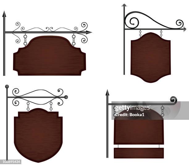 ilustrações, clipart, desenhos animados e ícones de sinais de madeira - hanging sign