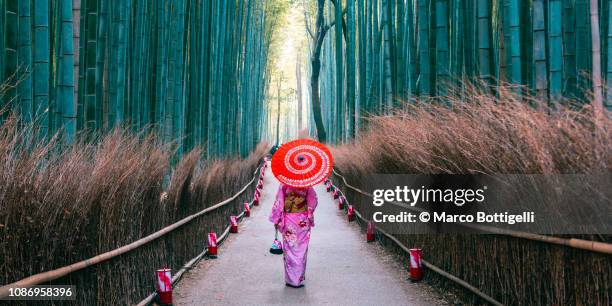 japanese woman walking in bamboo grove, arashiyama, kyoto, japan - japan tourist stock pictures, royalty-free photos & images