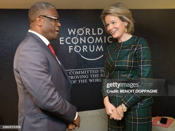 Queen Mathilde of Belgium and 2018 Nobel Peace Prize laureate Doctor Denis Mukwege pictured at the 48th edition of the World Economic Forum annual...