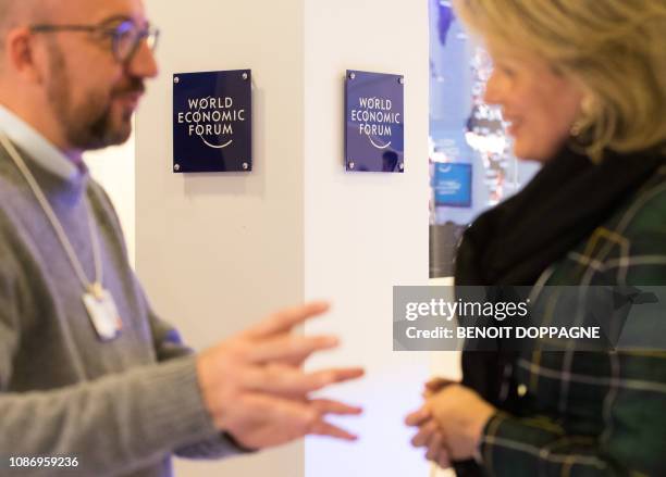 Belgian Prime Minister Charles Michel and Queen Mathilde of Belgium pictured at the 48th edition of the World Economic Forum annual meeting in Davos,...