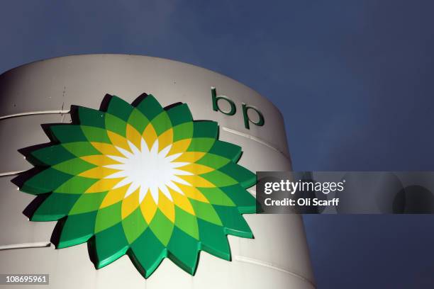 The sign for a BP filling station in Westminster on February 1, 2011 in London, England. BP has reported a loss for 2010 of 3.1bn GBP, this is the...