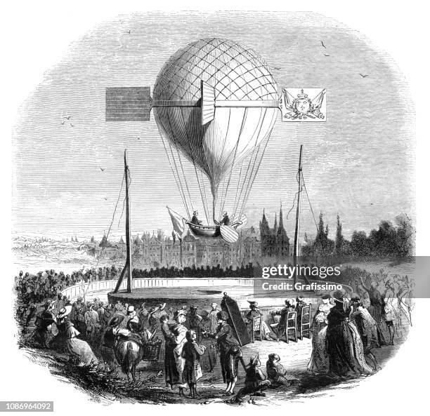 hot air balloon flying near dijon france on abril 1784 - dijon stock illustrations