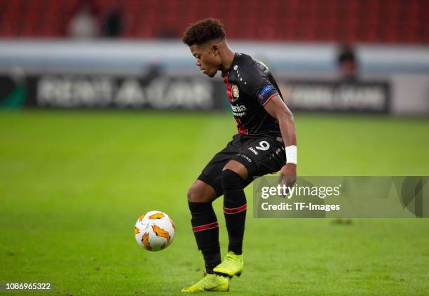 Leon Bailey of Bayer 04 Leverkusen controls the ball during the UEFA Europa League Group A match between Bayer 04 Leverkusen and Ludogorets at...