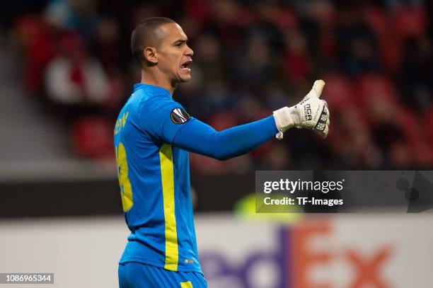 Goalkeeper Renan of Ludogorets gestures during the UEFA Europa League Group A match between Bayer 04 Leverkusen and Ludogorets at BayArena on...