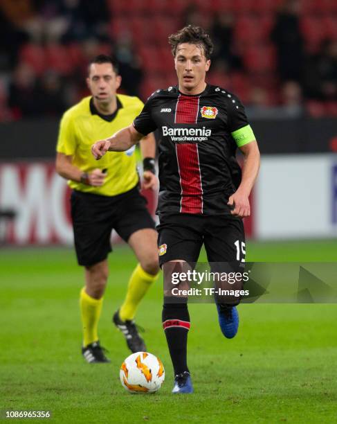 Julian Baumgartlinger of Bayer 04 Leverkusen controls the ball during the UEFA Europa League Group A match between Bayer 04 Leverkusen and Ludogorets...