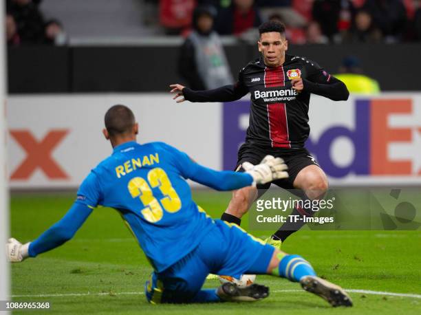 Goalkeeper Renan of Ludogorets and Paulinho of Bayer 04 Leverkusen battle for the ball during the UEFA Europa League Group A match between Bayer 04...