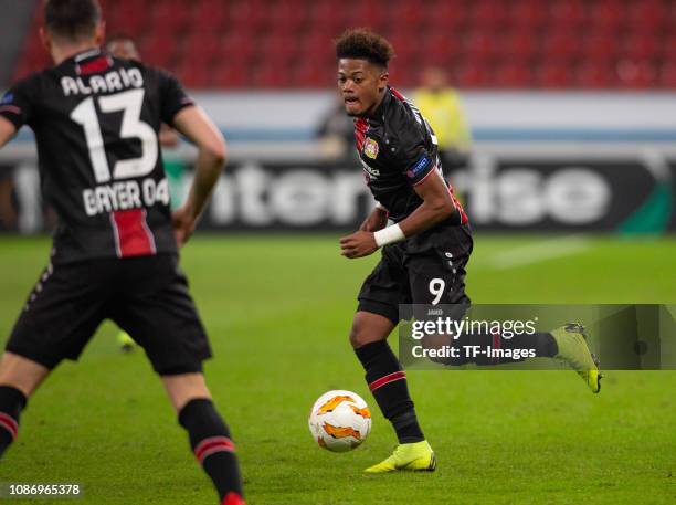 Leon Bailey of Bayer 04 Leverkusen controls the ball during the UEFA Europa League Group A match between Bayer 04 Leverkusen and Ludogorets at...