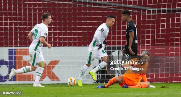 Marcelinho of Ludogorets scores the team's first goal during the UEFA Europa League Group A match between Bayer 04 Leverkusen and Ludogorets at...