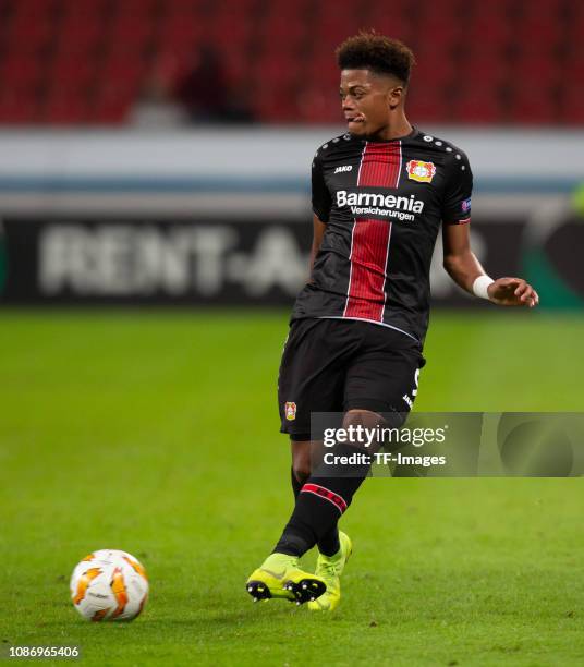 Leon Bailey of Bayer 04 Leverkusen controls the ball during the UEFA Europa League Group A match between Bayer 04 Leverkusen and Ludogorets at...