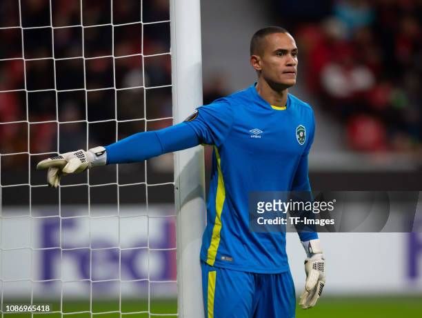 Goalkeeper Renan of Ludogorets gestures during the UEFA Europa League Group A match between Bayer 04 Leverkusen and Ludogorets at BayArena on...