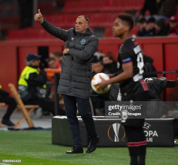 Head coach Antoni Zdravkov of Ludogorets gestures during the UEFA Europa League Group A match between Bayer 04 Leverkusen and Ludogorets at BayArena...