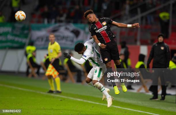 Cicinho of Ludogorets and Leon Bailey of Bayer 04 Leverkusen in an aerial duell during the UEFA Europa League Group A match between Bayer 04...