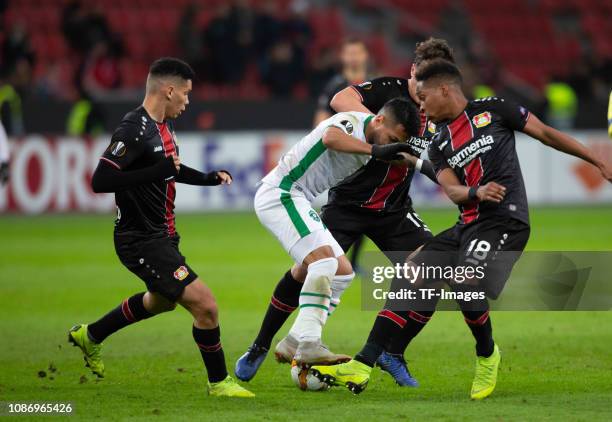 Paulinho of Bayer 04 Leverkusen, Wanderson of Ludogorets, Julian Baumgartlinger of Bayer 04 Leverkusen and Wendell of Bayer 04 Leverkusen battle for...