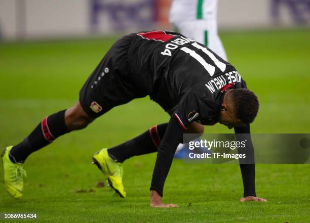 Isaac Kiese Thekin of Bayer 04 Leverkusen stumbles during the UEFA Europa League Group A match between Bayer 04 Leverkusen and Ludogorets at BayArena...