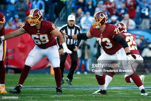 Chase Roullier and Luke Bowanko of the Washington Redskins play against the Tennessee Titans at Nissan Stadium on December 22, 2018 in Nashville,...