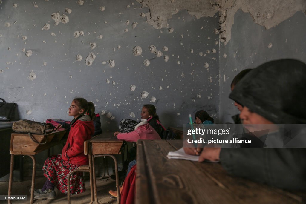 Damaged school at rebel-held Idlib Province in Syria