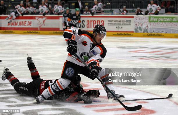 John Laliberte of Wolfsburg is challenged by Philip Gogulla of Koeln during the DEL match between Koelner Haie and Grizzly Adams Wolfsburg at Lanxess...