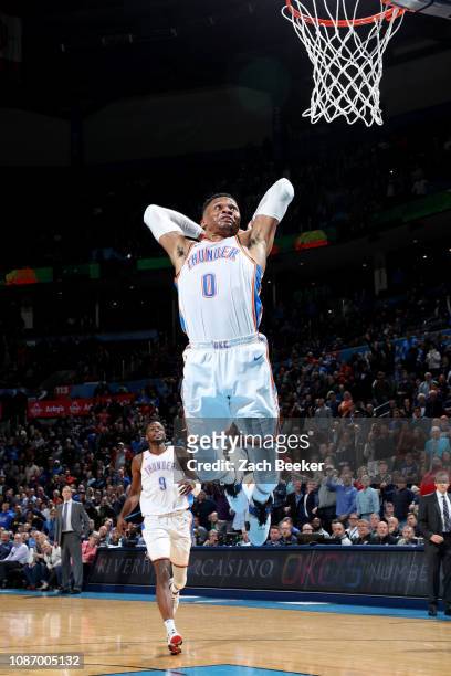 Russell Westbrook of the Oklahoma City Thunder goes up to dunk the ball against the Portland Trail Blazers on January 22, 2019 at Chesapeake Energy...